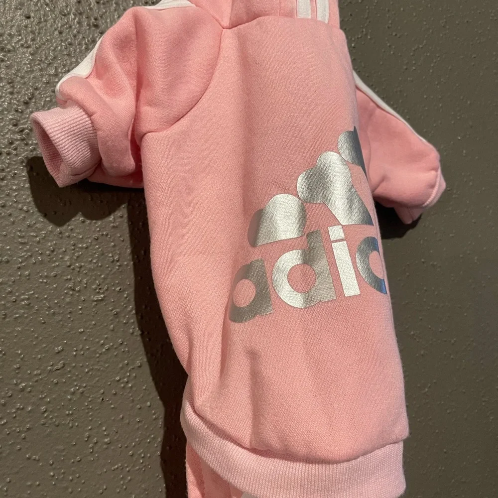 Pink Adidog Pet Hoodie and Pants Set